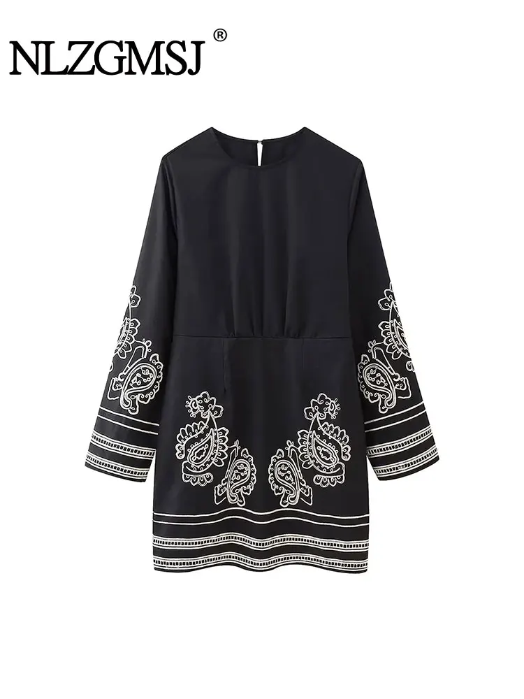 

Nlzgmsj TRAF 2023 Autumn New Women Casual Embroidery Spliced Dress Long Sleeve O-Neck Dresses Loose Streetwear Elegant Ladies