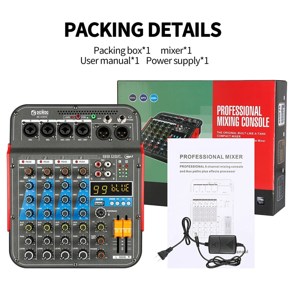 RE-4 PRO 4-Channel Sound Mixer 99 DSP Effects Professional Mixing DJ Console Bluetooth USB Interface Audio Mixer Record Computer