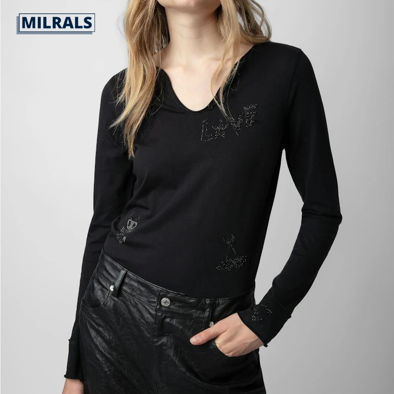 

MILRALS Women's Classic Casual V-Neck Cotton Long Sleeve T-Shirt 2024 New Spring Design With Diamond Inlaid Girls Top