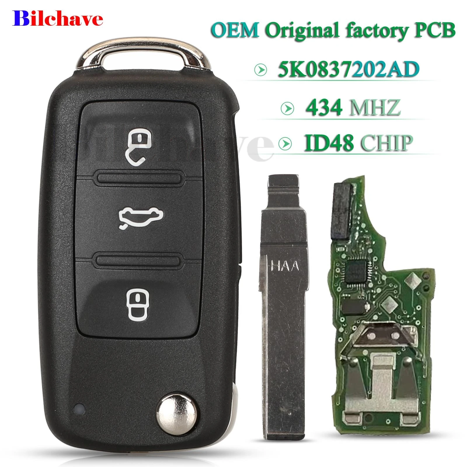 

jingyuqin For VW Beetle Caddy Eos Golf 6 Jetta 6 Polo Scirocco Tiguan Touran Sharan Remote Flip Key 434Mhz ID48 5K0837202AD OEM