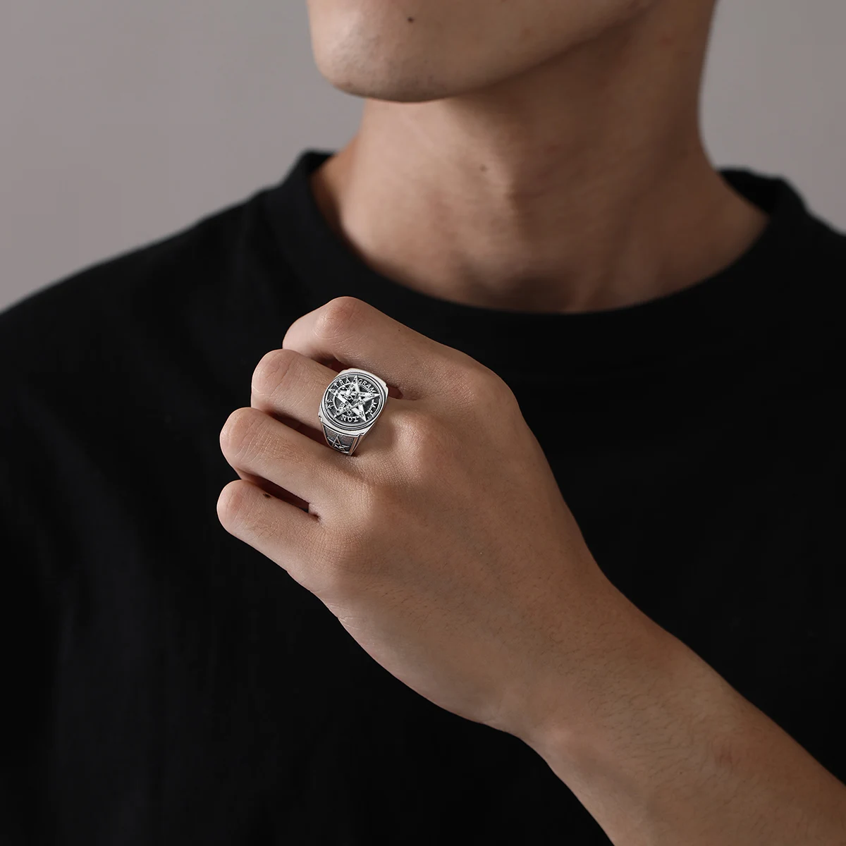 Eudora 925 Sterling Silver Pentagram Adjustable Ring for Men Women Amulet Guardian Star Tetragrammaton Ring Hip Hop Jewelry Gift 6