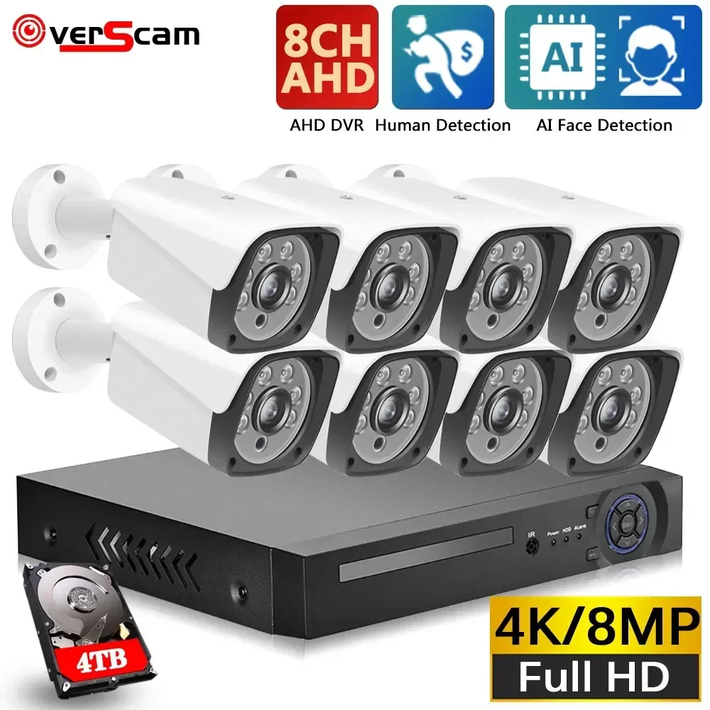 

Overscam 4K CCTV 8CH Hybrid DVR Video Surveillance System 8MP AHD Camera Day & Night AHD Bullet Analog Camera Kit VGA Output