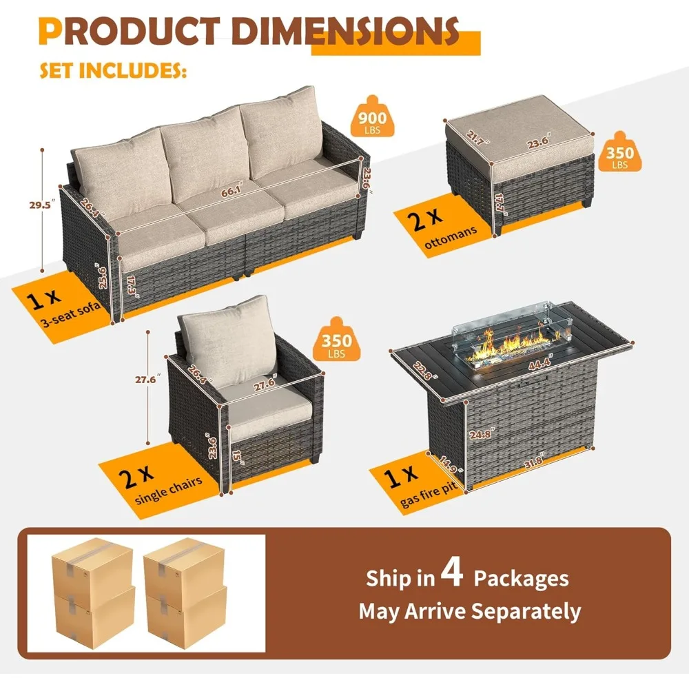 Patio Furniture Set with 44" Fire Pit Table, All-Weather Wicker Rattan Sofa Ottoman, 6 Pieces Outdoor Garden Sofa Sets 2