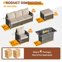 Patio Furniture Set with 44" Fire Pit Table, All-Weather Wicker Rattan Sofa Ottoman, 6 Pieces Outdoor Garden Sofa Sets 2