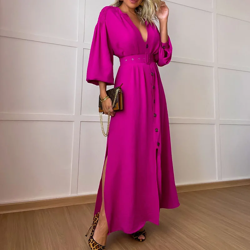 

New Fashion Dress V-neck Single Breasted Pajama Style Solid Color Temperament Long Cardigan Long Dress Elegant