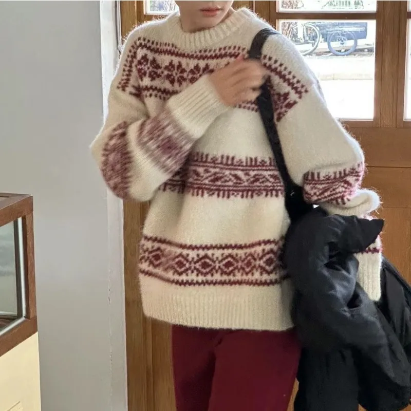 

Hsa Christmas Retro Festival Jumpers Snowflake Sweater Women's Autumn and Winter New Versatile Pullover Long Sleeve Knitwear Top