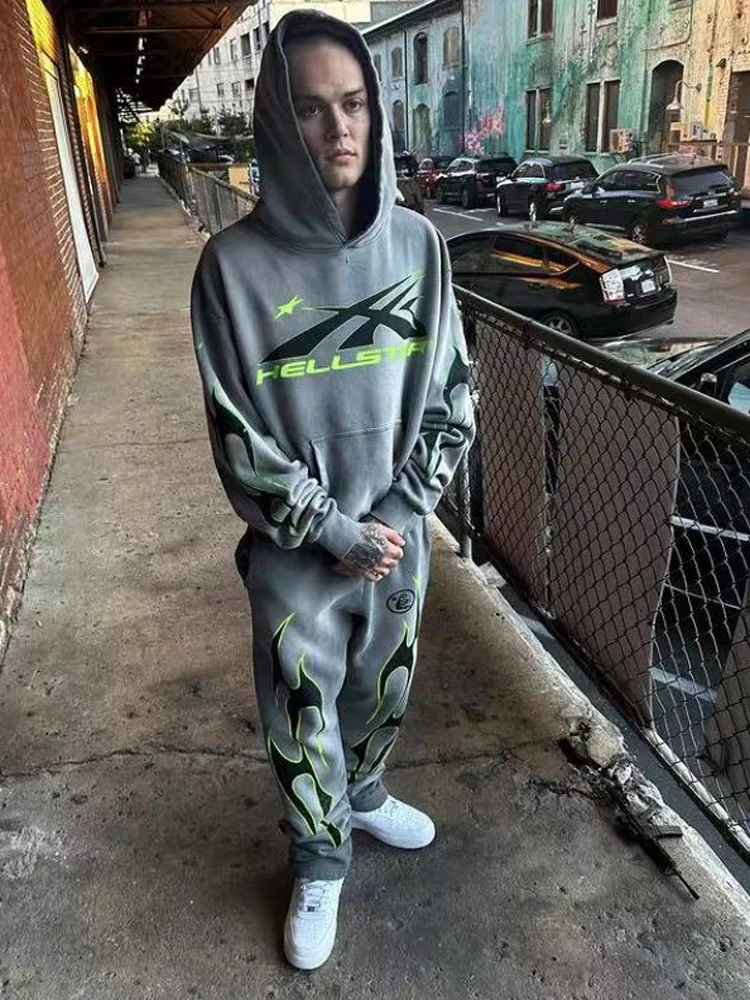 

Y2K Vintage Gray Hellstar Hoodie Sleeve Unicorn Flame Print Graphics Sweatshirts Men Women Oversize Fleece Pullover Hoody GYM