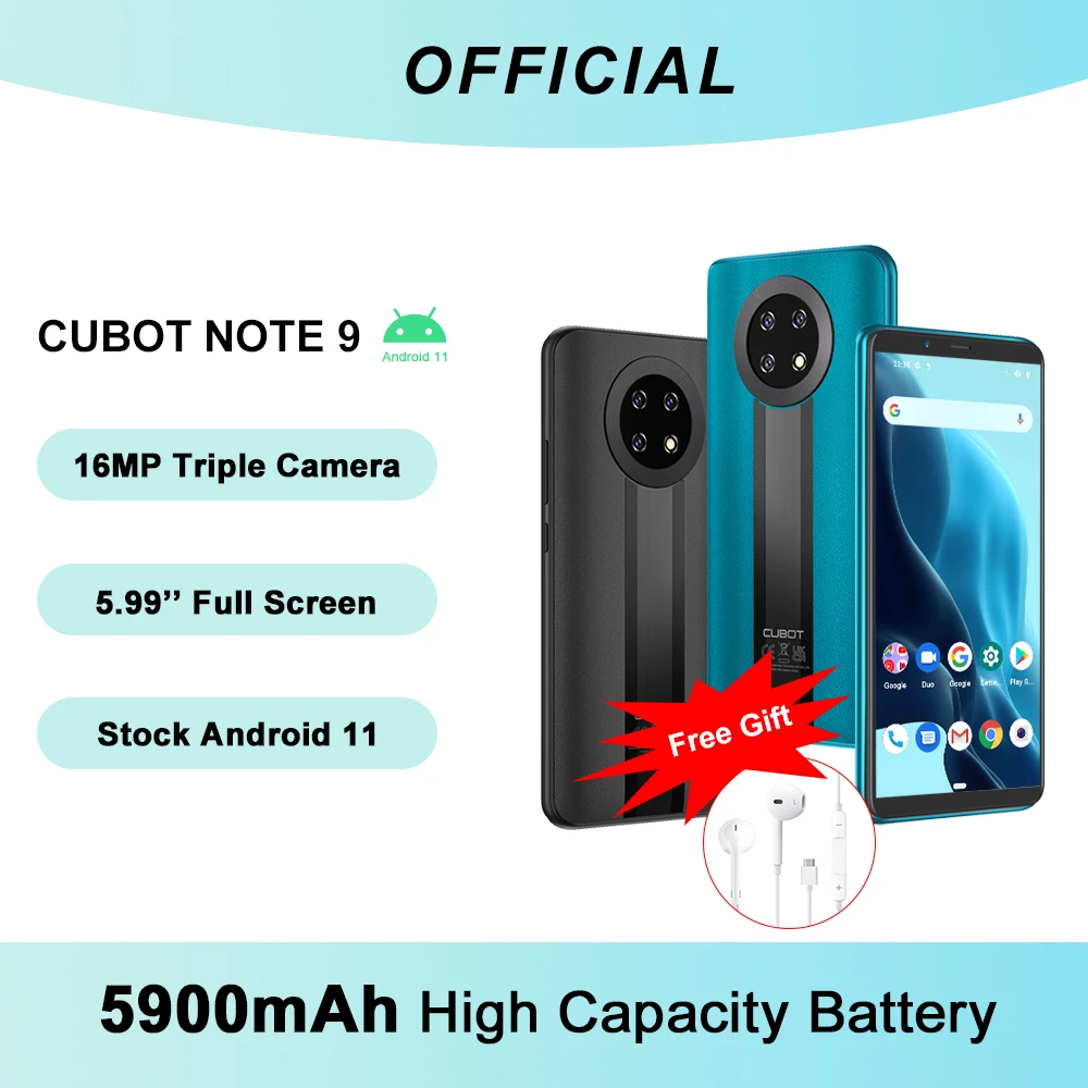 cellphones android Cubot Note 9 Smartphone 5900mAh Battery Octa Core Mobile Phone 5.99" Screen 3GB+32GB Telephone Triple Camera Android 11 Dual SIM recommended cell phone for gaming