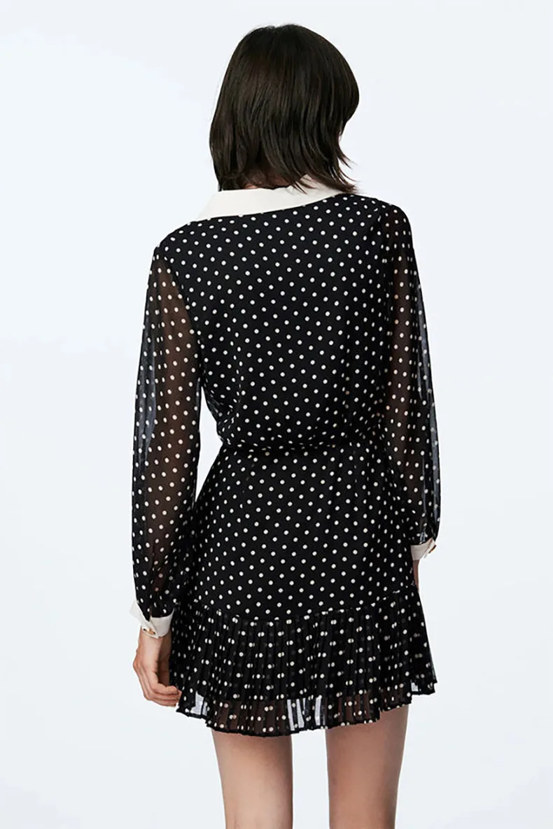 Robe en mousseline de soie à pois pour femme, col claudine, pois