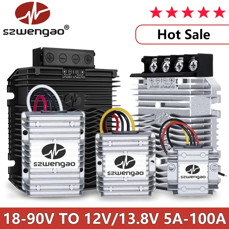 szwengao 24V 36V 48V 60V 72V to 12V/13.8V 5A 10A 20A 30A 40A 50A 60A 100A DC-DC Step Down Converter Voltage Reducer for Car