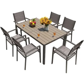 Patio Dining Set Outdoor Furniture with 6 Stackable Textilene Chairs and Large Table 6