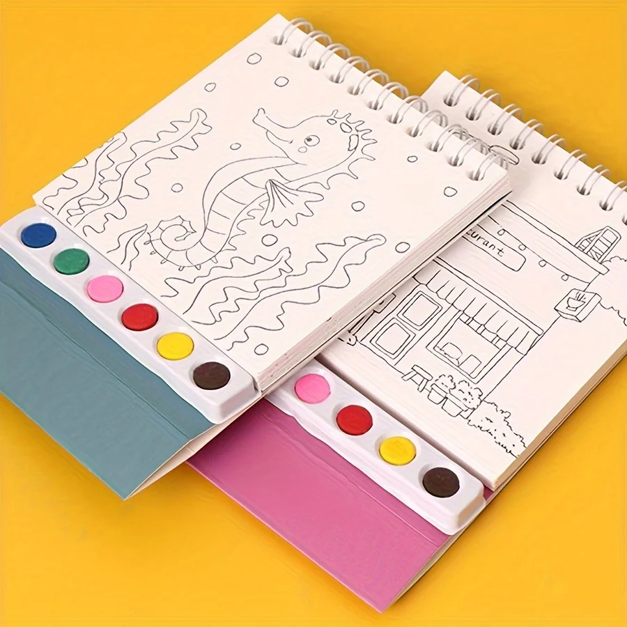 1pc Creative Coil Watercolor Painting with Built-in Paint Coloring Picture Book DIY Watercolor Graffiti Book Desktop Ornament