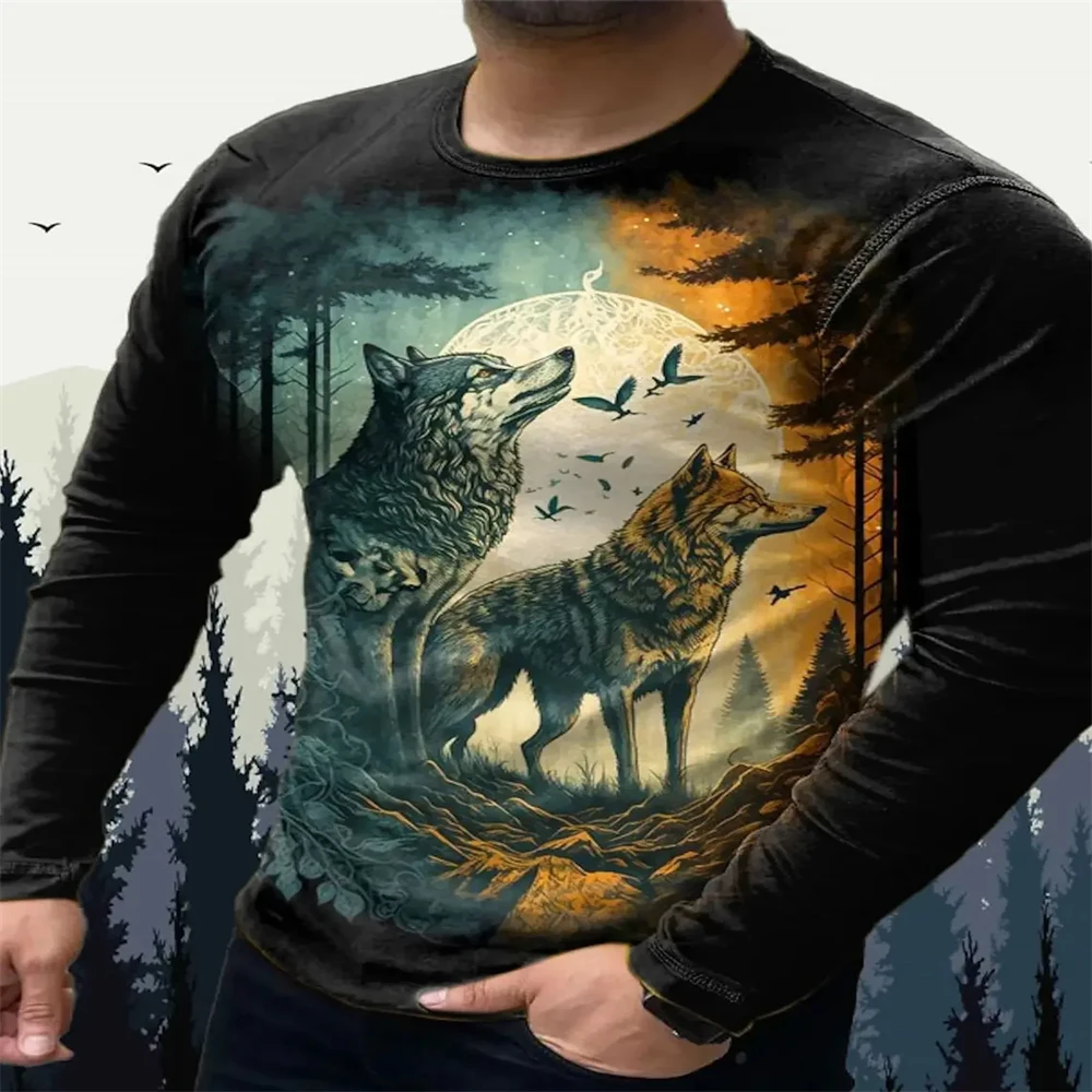 

2024 Spring And Autumn Men's Clothing Animal Series Pattern T-Shirt 3d Printed Round Neck Sports Loose Casual Long Sleeved Top