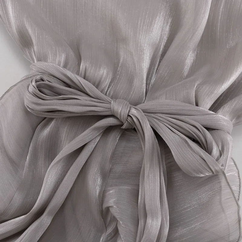 Nuovo Elegante Abito Lungo da Sera/Cerimonia da Donna 2026 con Volant, in Chiffon Lucido, a Maniche Lunghe, con Cintura Annodata e Strati - immagine 6