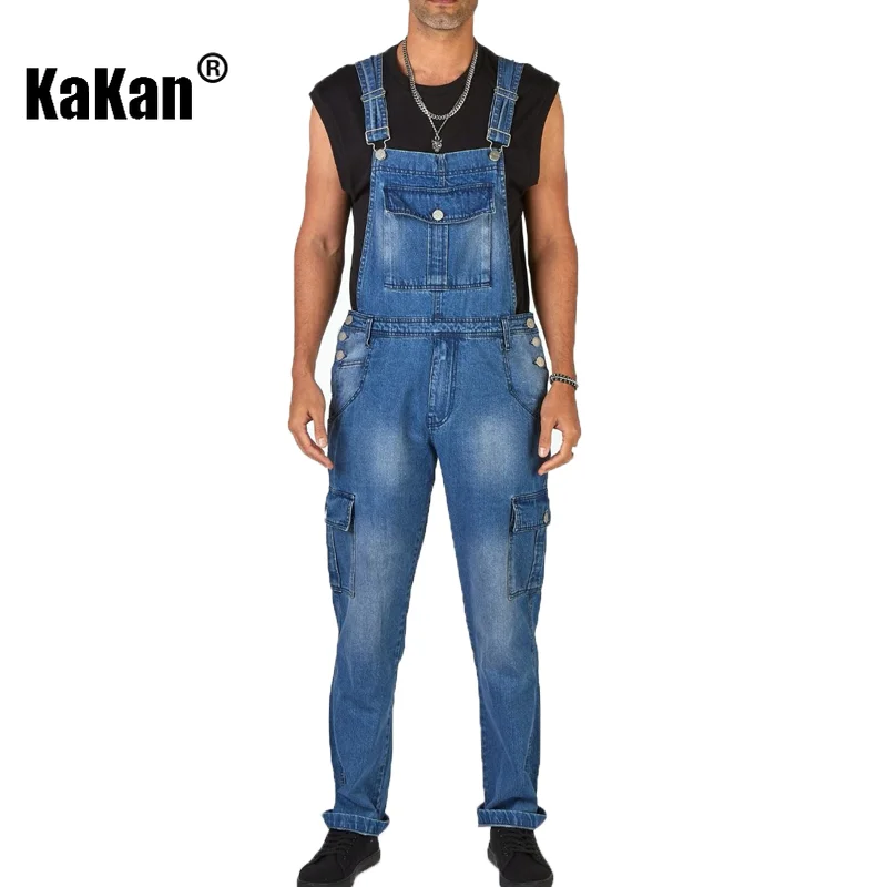 Kakan - European and American New Street Trendsetter Multi Pocket Men's Suspender Jeans, Blue Suspender Jumpsuit Jeans K34-667