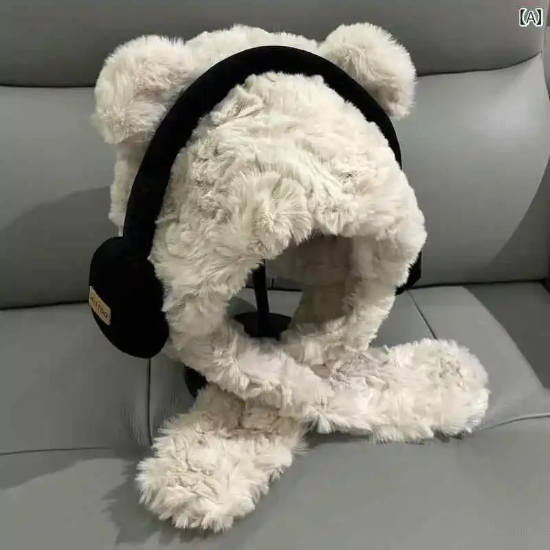 Winter Warm Plush Bear With Headphone Scarf Hat 2in1 Bear Ear Hat Hooded Cap Scarf Set Windproof Outdoor Cold Weather
