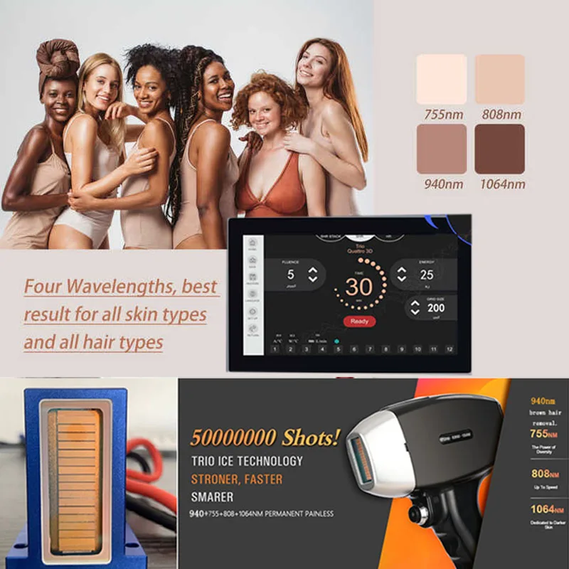 soprano titanium 755nm 808nm 940nm 1064nm 4 wave diode laser hair removal and whitening machine smart handle accessories