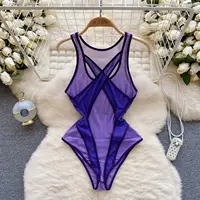 Foamlina Sexy Red Mesh Vest Jumpsuit Women's Sleeveless Cross Chest Slim Fit See Through Mesh Top Unique Bottom Top New Arrival - Image 2