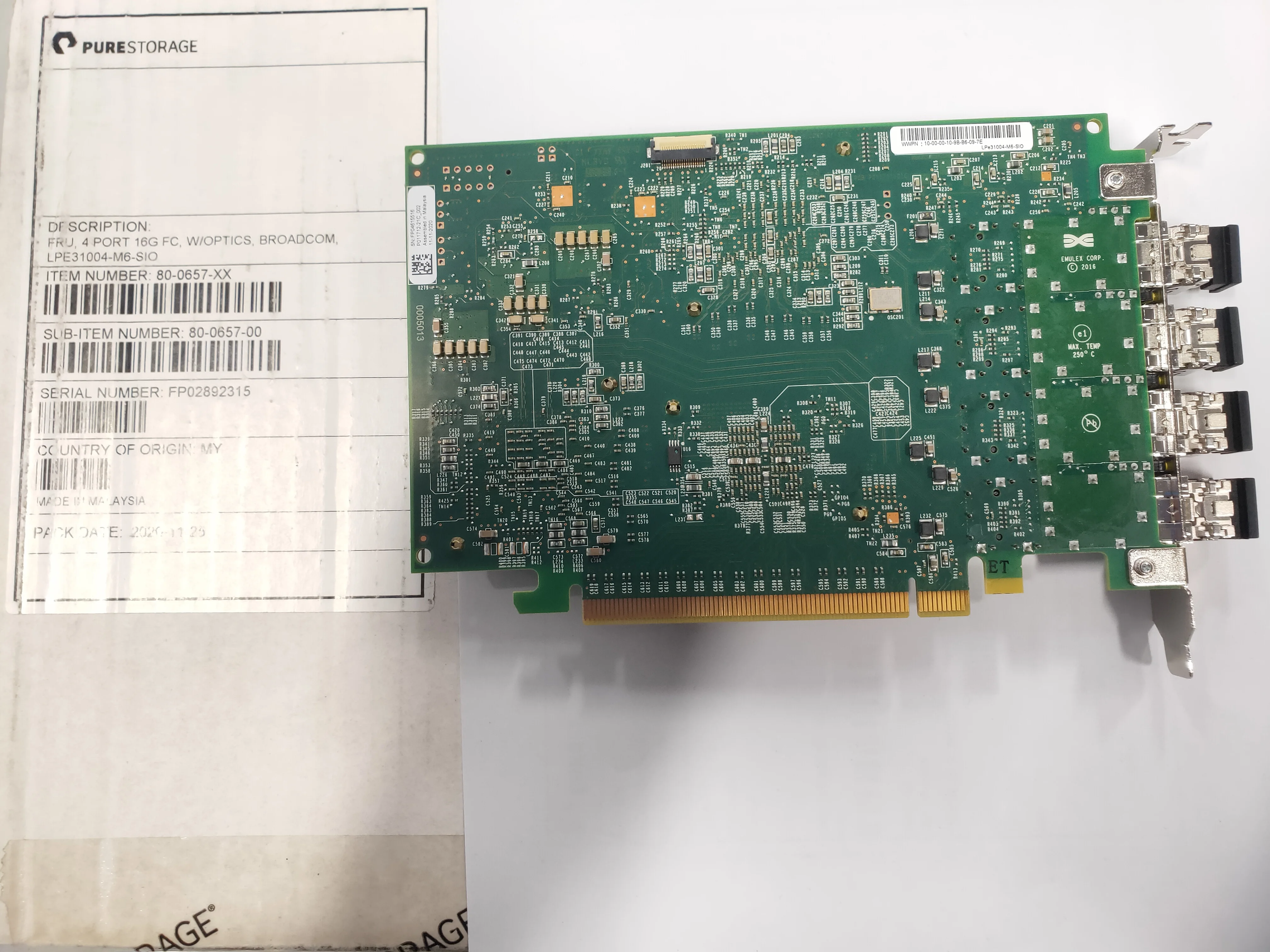 Emulex 4Port 16G FC,W/OPTICS LPE31004-M6-SIO 80-0657-XX 80-0657-00 FP02892315 16GB Fibre Channel Card
