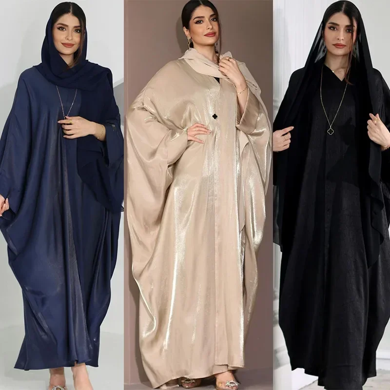 Bright Silk Satin Batwing Sleeve Cardigan Robe Modest Muslim Dubai Plus Size Kimono Open Abaya Dress Corban Eid Woman Dress