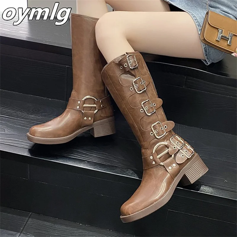 

Retro knee length boots with belt buckle, thick heels, brown women's autumn and winter new Western boots, knight fashion boots