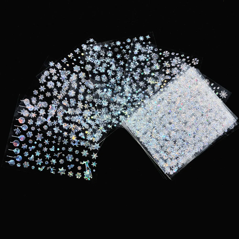Laser Silver Christmas Nail Stickers Set Winter Elk Snowflake