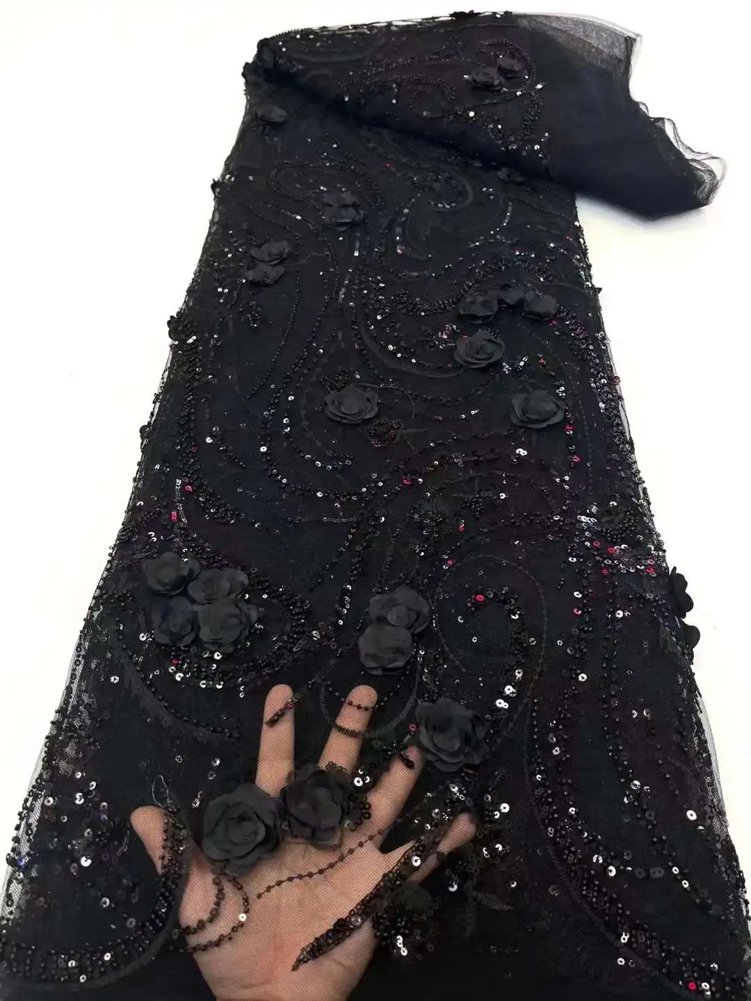 

Черный Новый вышитый дизайн, африканская искусственная ткань с бусинами и блестками, женское вечернее или свадебное платье