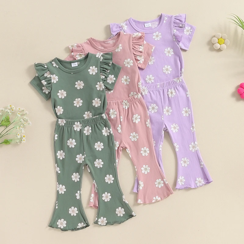 

2024-04-15 Lioraitiin 1-5Y Kid Girls Summer Clothing Pants Sets Short Sleeve Ruffle Floral T-shirts Tops Flared Pants Outfits