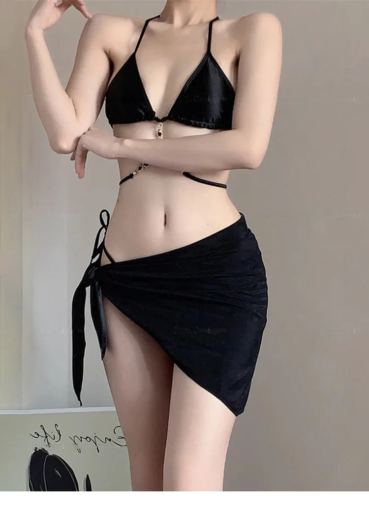 Women's Black Gem High-end Three-piece Set Strap Bikini Spa Swimsuit