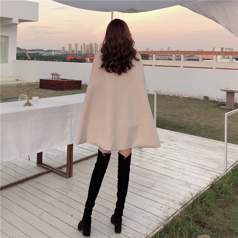 2023 Autumn High Quality Woolen Cloth Shawl Cape Poncho With Belt Women Mid-length Korean Sleeveless Casual Ladies Cape Coats