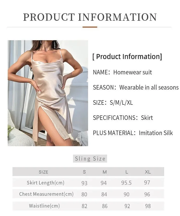 Camisón de satén de seda liso con abertura para mujer, elegante, con cuello en V, sin espalda, tirantes finos, vestido para dormir, camisones