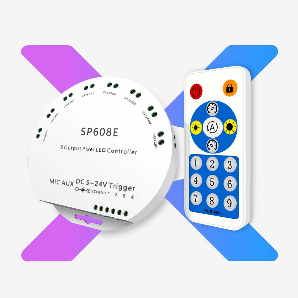 WS2812B WS2811 WS2813 WS2815 1903 ไมโครโฟนในตัว/AUX เพลง SP608E Bluetooth Controller 8 เอาต์พุตสัญญาณ DC5-24V 1