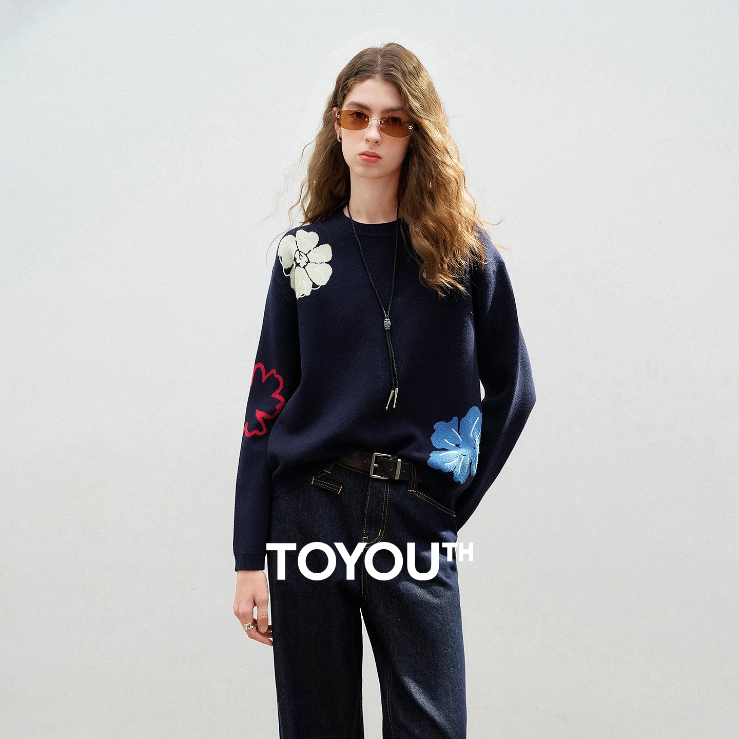 TOYOUTH Women Soft Core-Spun Yarn Knit Tops 2026 Spring New Crew Neck Botanical Floral Jacquard Blouses