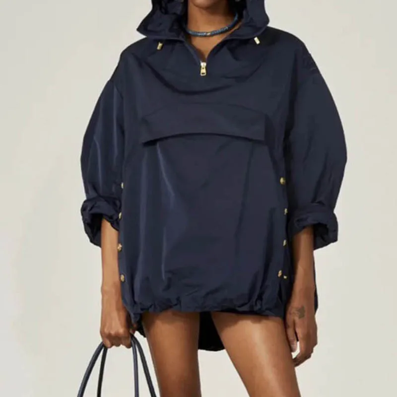 

10.27 Women Fashion Casual Loose Big Pocket Design Half Zipper Hooded Jacket