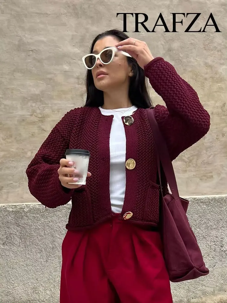 TRAFZA Women Vintage Wine Red Sweater Cardigan Female Metal Buttons Long Sleeve Coat With Pockets Fashion High Street Knitwear 5