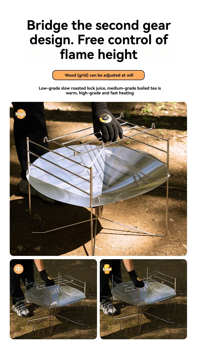 SOLO-A3 Edelstahl-Feuertisch mit drei verstellbaren Brücken, tragbarer und faltbarer Camping-Grill. – Detail 6