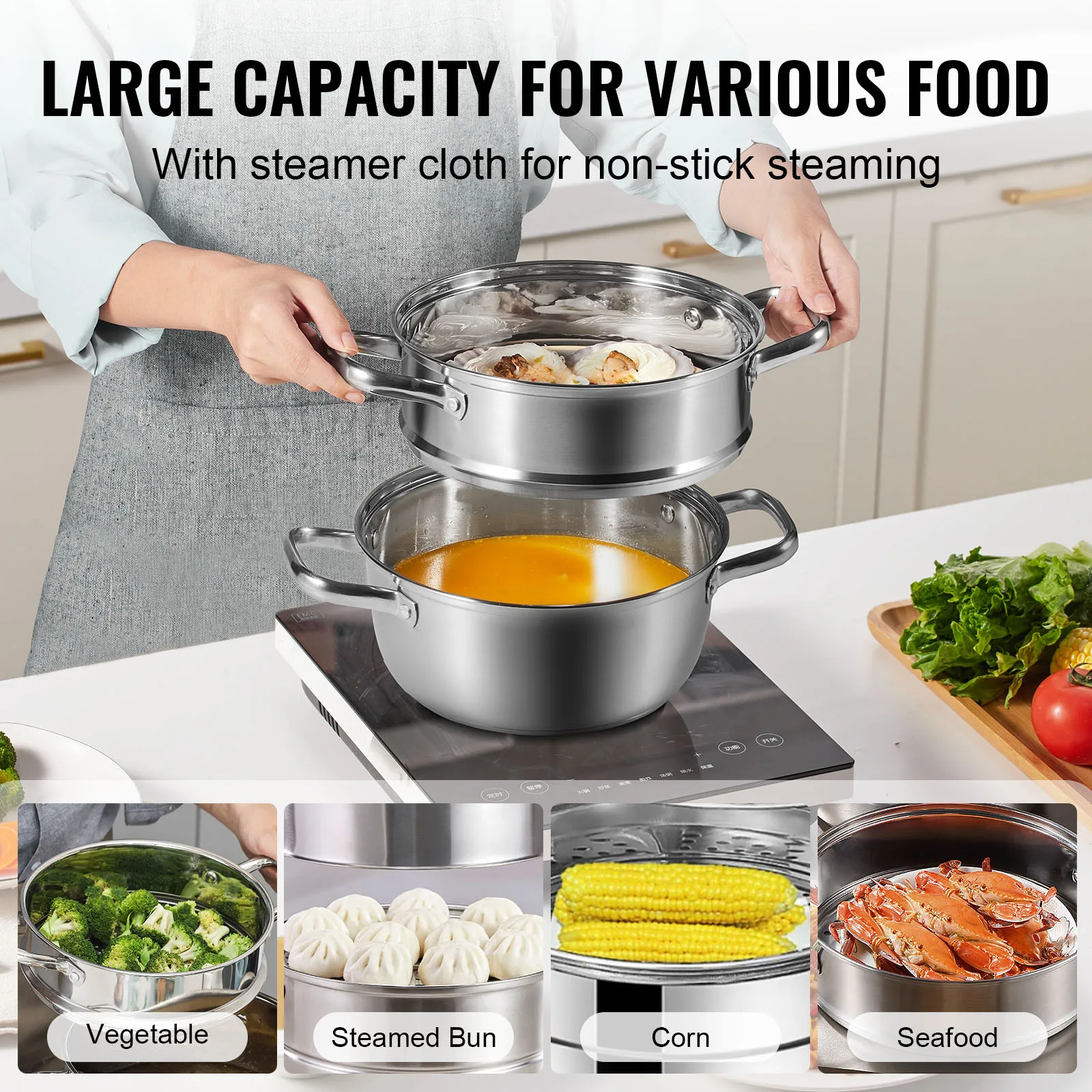 VEVOR Steamer Pot 9.5in/24cm Steamer Pot for Cooking with 5QT Stock and Food-Grade 304 Stainless Steel Food