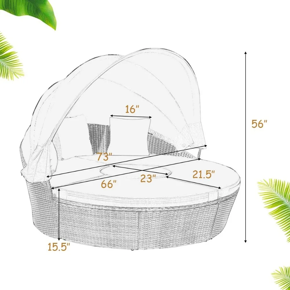 Patio Round Daybed with Retractable Canopy,Outdoor Wicker Rattan Furniture Sets,Sectional Cushioned Sofa Set w/Height 3