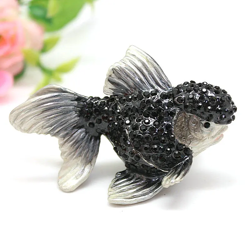 SHINNYGIFTS Enameled Hinged Fish Trinket Box Czech Crystal Bejewled Metal Craft Fish Figurine for Home Decoration