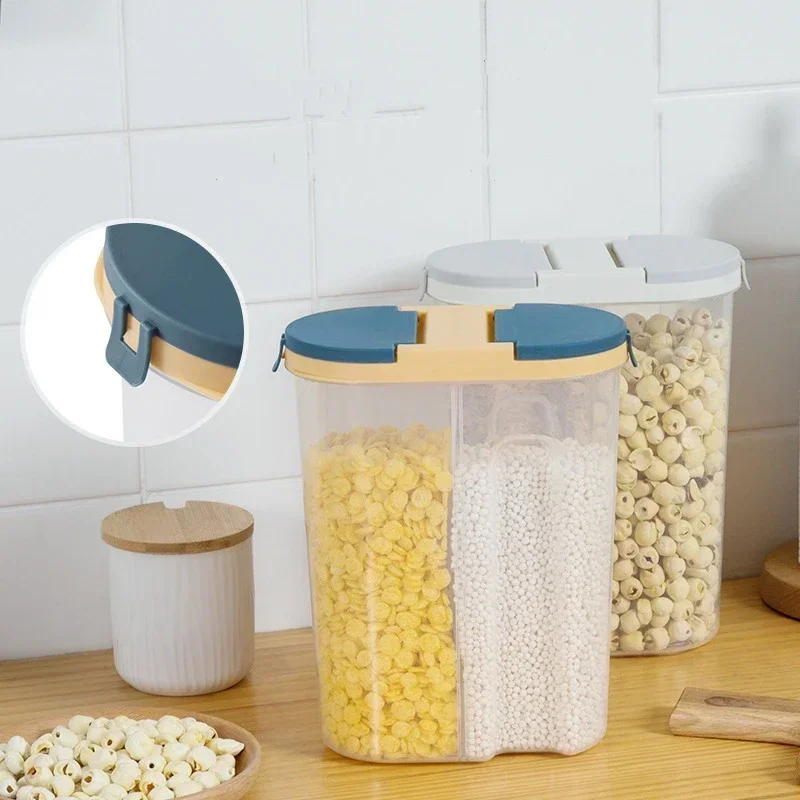 M/L Double Grid Cereals Jar Plastic Food Storage Container Kitchen Organizer Eco Friendly Cookie Box Dried Grains Tank with Lids 3