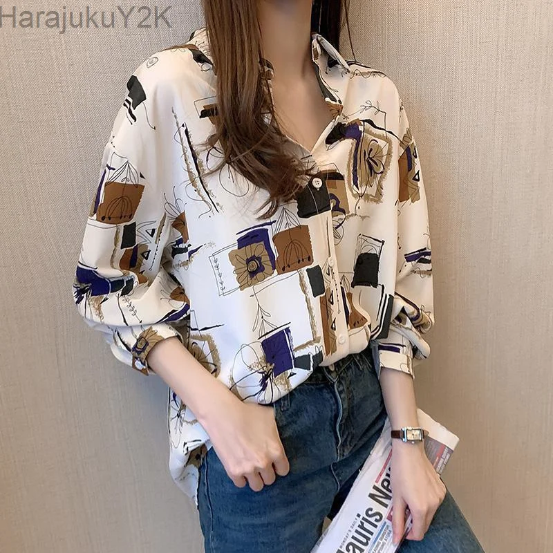 

Blouse Women Retro 2022 Spring and Autumn Print Loose Shirt Top Blusas Ropa De Mujer
