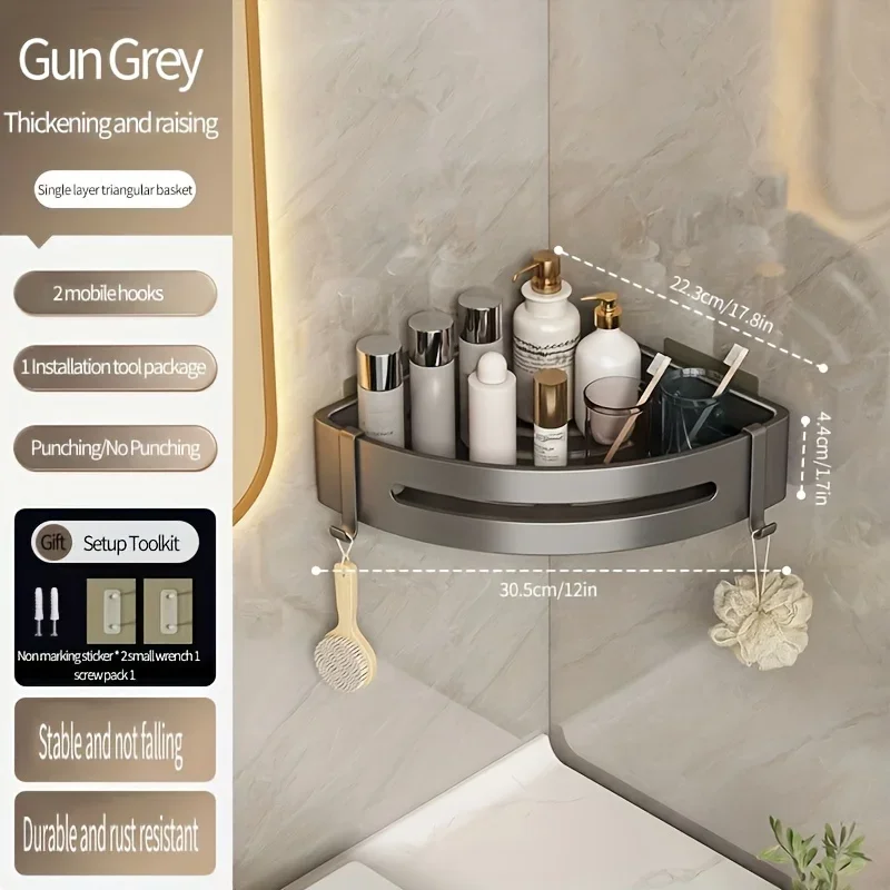 Bathroom corner shelf storage rack Space Aluminum Non Perforated Bathroom Wall Hanging Corner Storage Rack Triangular Basket