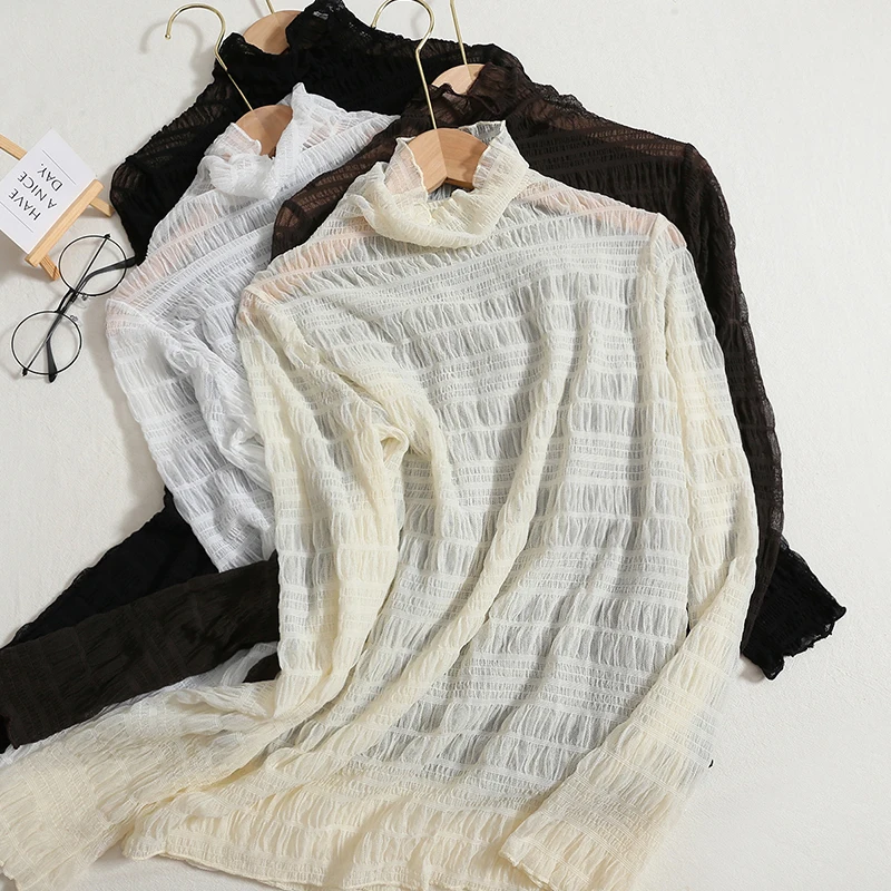 

Женская Однотонная рубашка с длинным рукавом, плиссированная сетчатая блузка с высоким воротником, на осень, 2022