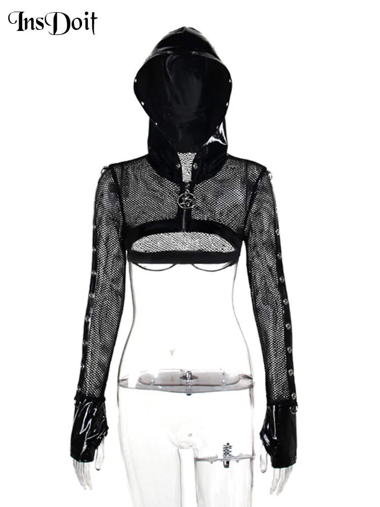 

InsDoit Y2K Gothic PU Printed Mesh Blouse Hoodies Sweatshirt Long Sleeve Eyelet E-Girl Black Thin Crop Woman Street Punk Hoodies