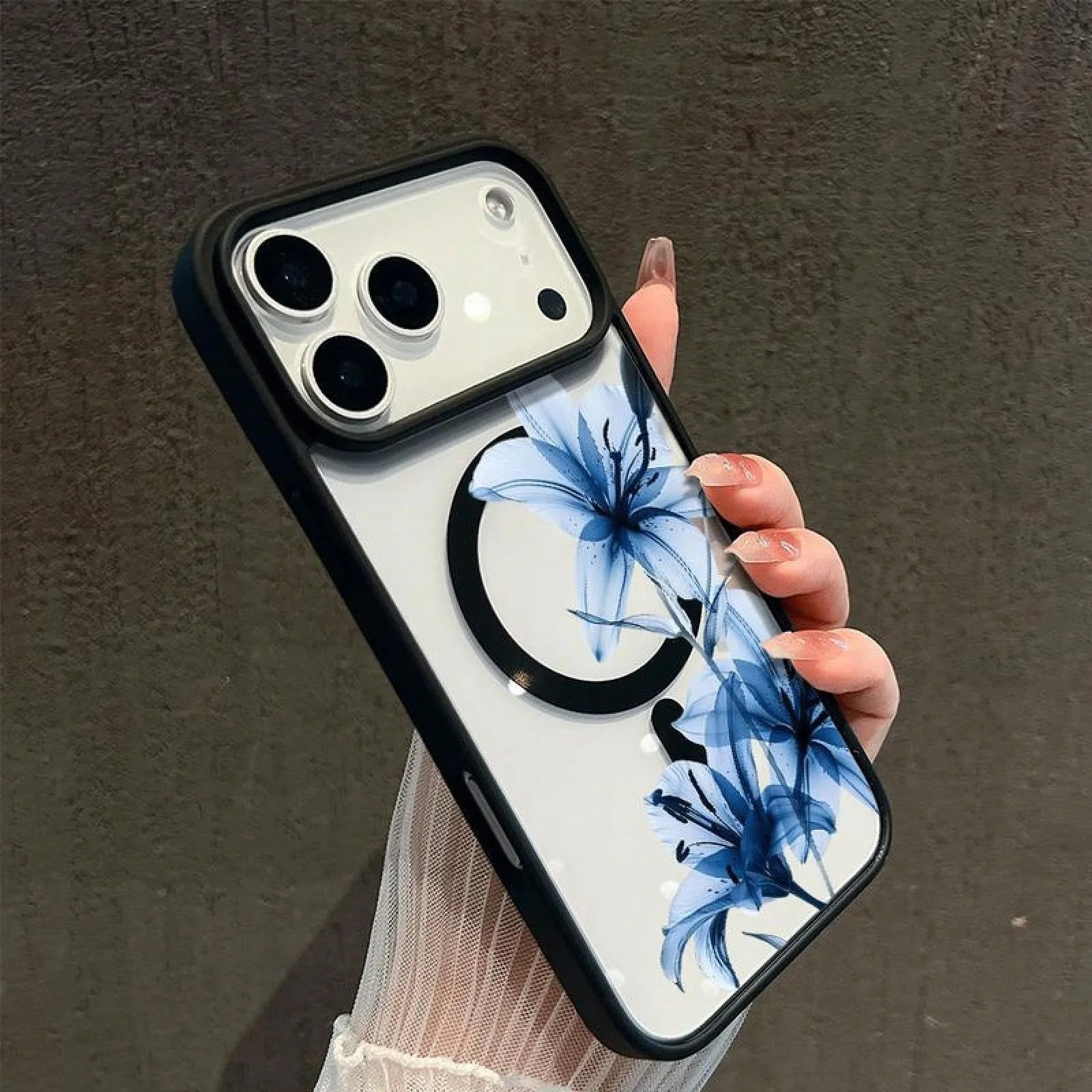 Blue Lily Whisper Transparent Magnetic Matte Phone Case with Large Hole Frame