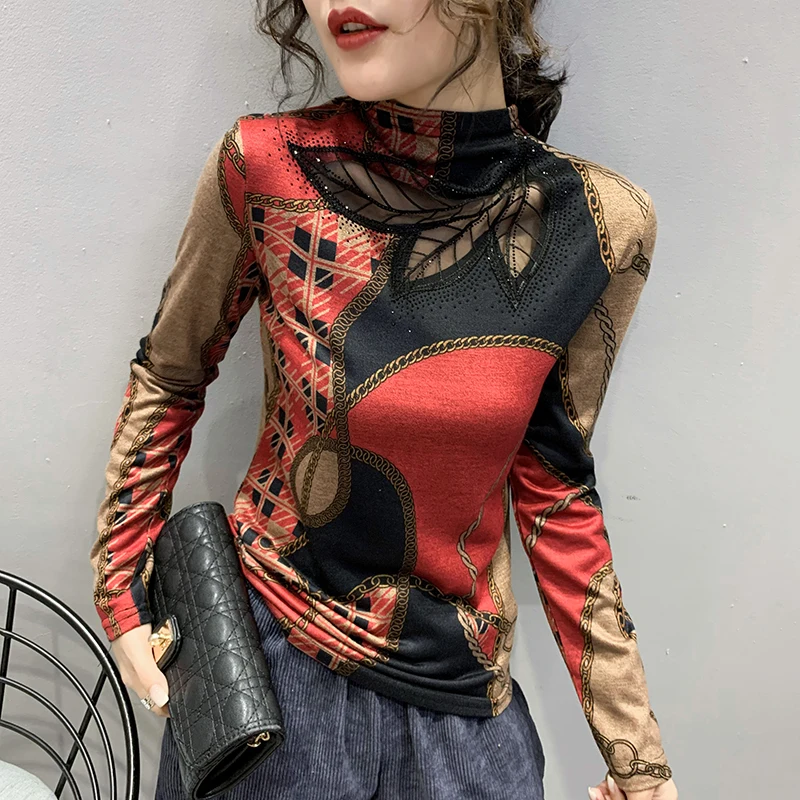 

2023 New Spring Fall European Clothes T-Shirt Women's Chic Sexy Embroidery Patchwork Diamonds Print Tops Long Sleeve Tees 37133