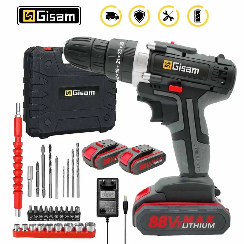 Gismis 88VF perceuse à percussion électrique tournevis électrique sans fil perceuse batterie au Lithium Rechargeable 2 vitesses outils électriques ménagers