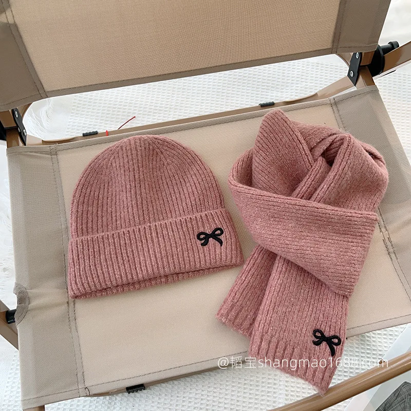 2PC Cute Bow Embroidery Children's Knitted Hat Scarf 2-piece Set Solid Color Girl Baby Versatile Set