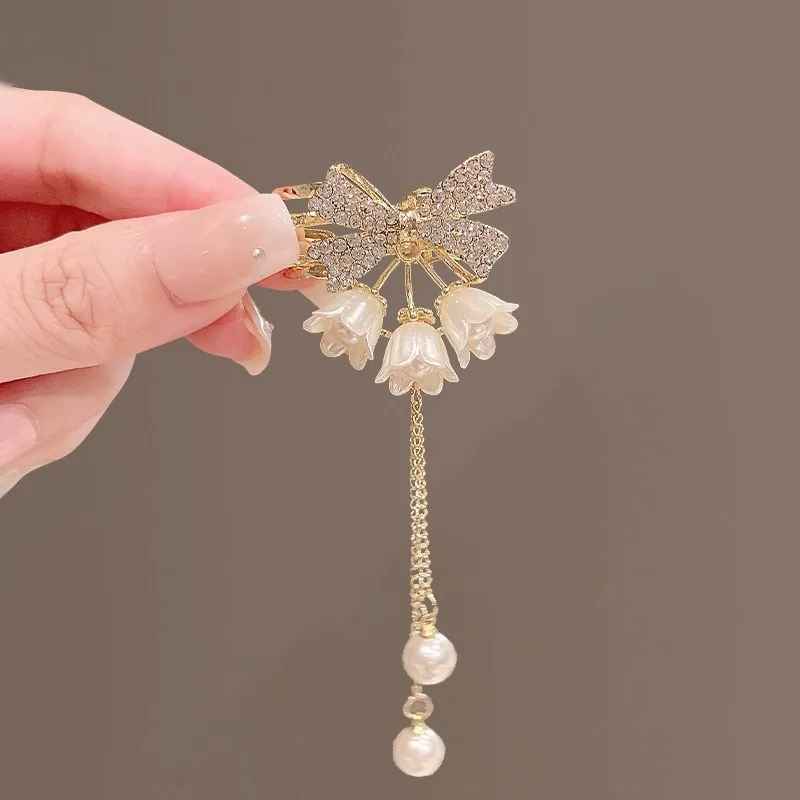 Linglan Flower Small Hair Clip Women's Side Grab Clip Back Head Spoon Clip Flower Tassel Headpiece Ancient Style