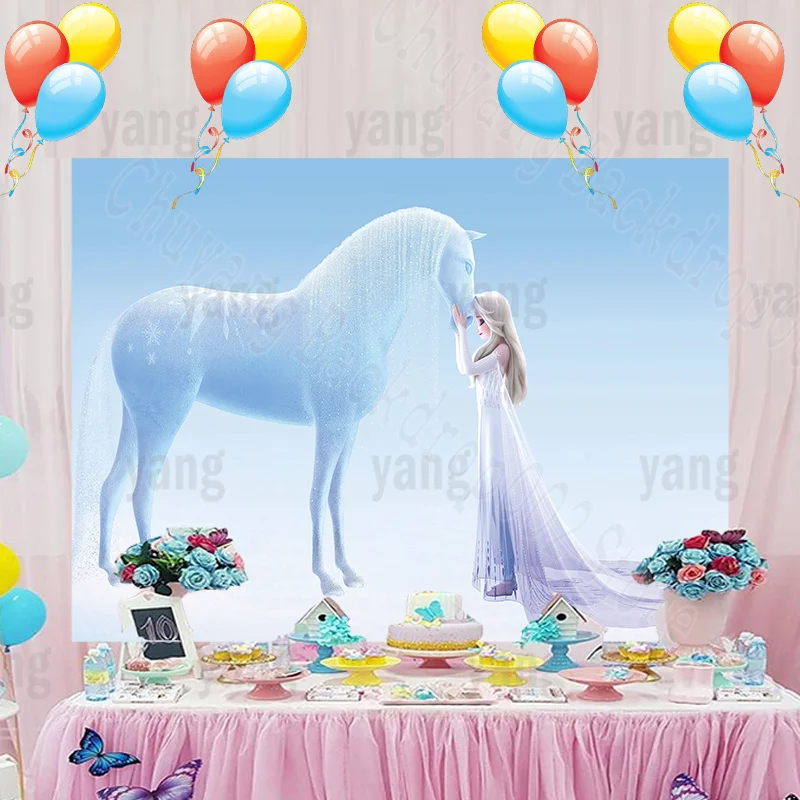 Custom Cartoon Cute Disney Frozen Princess Magic Ice Horse Birthday Party Blue Backdrop Photography Background